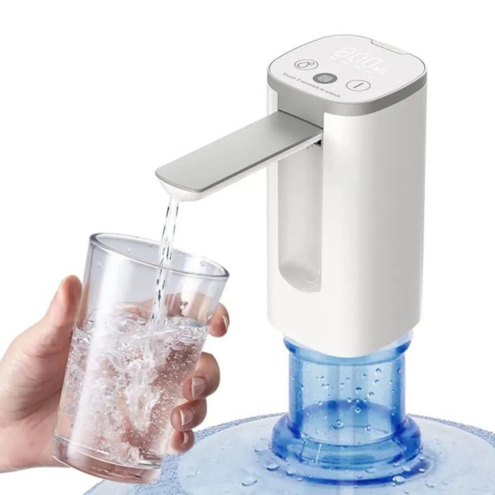 Електрически диспенсър за вода, Rqiurpn, преносим, с LCD екран, 3 скорости, презареждащ се с USB, бял