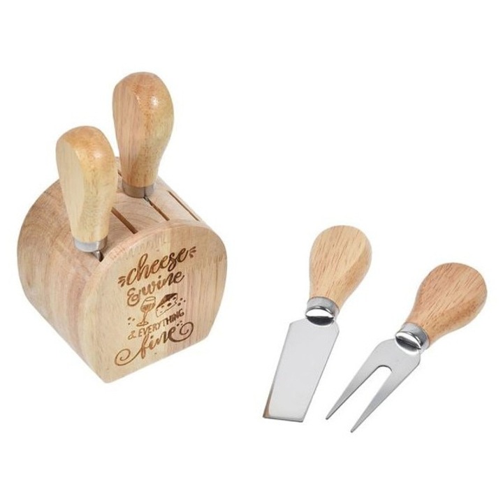 Set 5 piese cutite pentru branza cu suport din lemn – otel inoxidabil, manere din lemn, gravura „Cheese & Wine”, pentru platouri si degustari