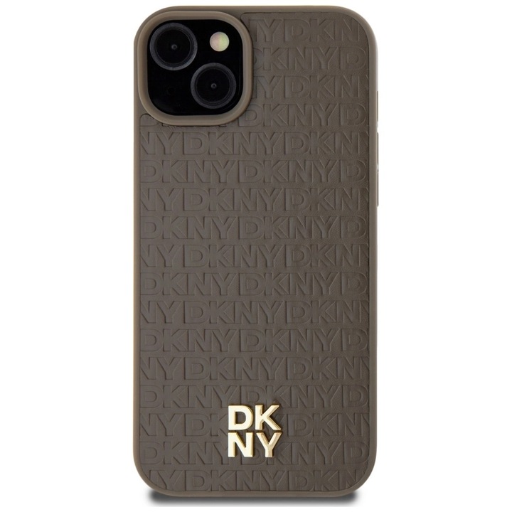Carcasa DKNY Leather Pattern Metal Logo cu MagSafe compatibila cu iPhone 15 / 14 / 13, Brown