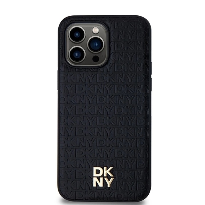 DKNY bőr monogramos mintás fém logós tok MagSafe-szel, iPhone 14 Pro Max készülékkel kompatibilis, fekete