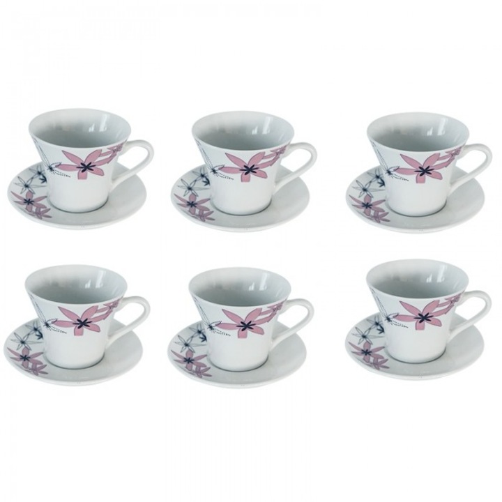 Set 6 cesti cu 6 farfurioare din portelan, 200 ml