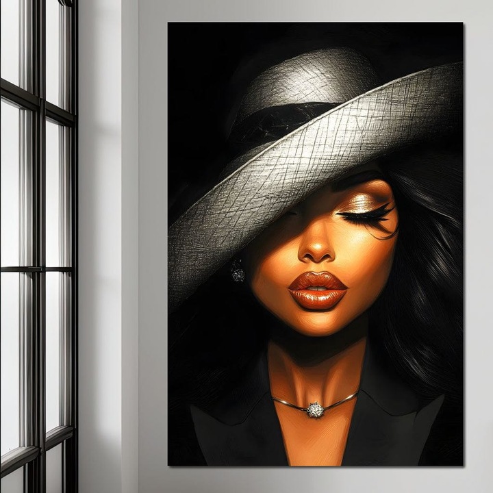 Премиум картина върху платно, LuxCanva® G1181, Дама със сребърна шапка, 40 X 60 см, 100% памучно платно 400 г/м2, рамка, дърво, елегантност, блясък, енигматично, благородство, редакционно, тишина, изкуство, мода, чар, икона, лице, офис, хол, спалня