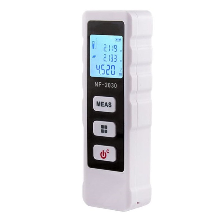 Лазерен далекомер, Обхват на измерване 30м, Изчисляване на площ, Изчисляване на обем, Бял