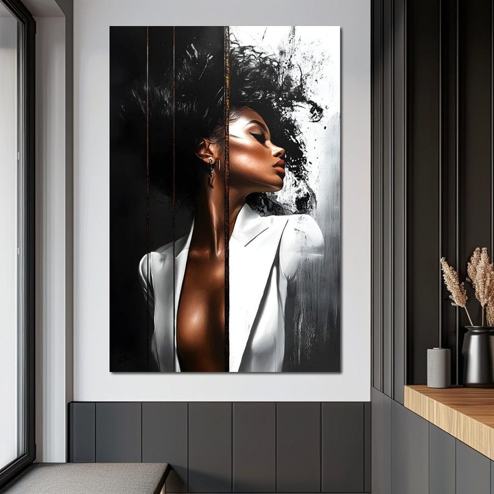 Премиум картина върху платно, LuxCanva® G1182, Сила на женствеността, 80 X 120 см, 100% памучно платно 400 г/м2, рамка, дърво, бяло, черно, стил, елегантност, хармония, лукс, градско, златно, сако, коса, портрет, динамика, мода, офис, хол, спалня