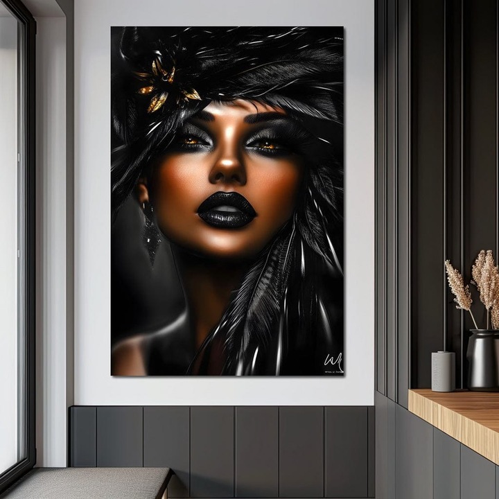 Премиум картина върху платно, LuxCanva® G1183, Черен диамант, 100 X 150 см, 100% памучно платно 400 г/м2, рамка, дърво, лукс, тъмно, пера, черно, грим, драматично, устни, злато, изкуство, изисканост, атмосфера, кинематографично, офис, хол, спалня