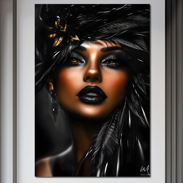 Премиум картина върху платно, LuxCanva® G1183, Черен диамант, 80 X 120 см, 100% памучно платно 400 г/м2, рамка, дърво, лукс, тъмно, пера, черно, грим, драматично, устни, злато, изкуство, изисканост, атмосфера, кинематографично, офис, хол, спалня