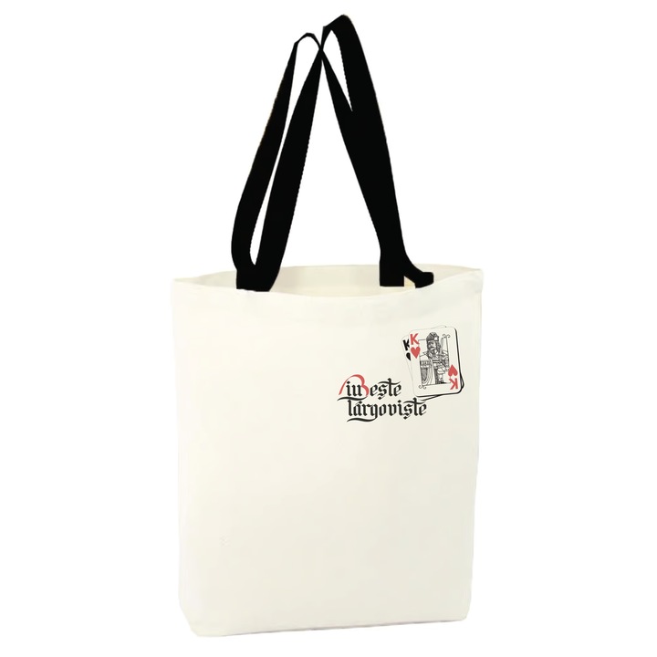 Geanta cadou suvenir Iubeste Targoviste (model colectia 9), grafica originala, QR cu poveste audio integrat, 38x34 cm