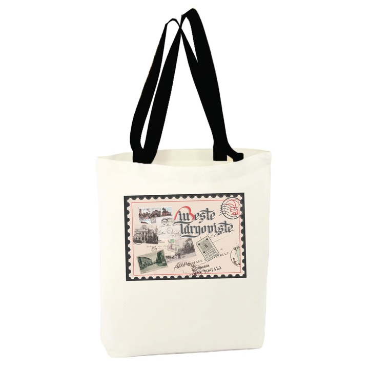 Geanta cadou suvenir Iubeste Targoviste (model colectia 4), grafica originala, QR cu poveste audio integrat, 38x34 cm