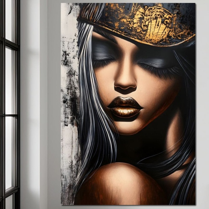 Картина върху платно, LuxCanva G1184, Мълчанието на кралицата, 40 X 60 см, 100% памучно платно 400 г/м2, рамка, дърво, императорски, тишина, злато, медитация, кралство, корона, блясък, устни, мистерия, естетика, разкош, лукс, офис, хол, спалня