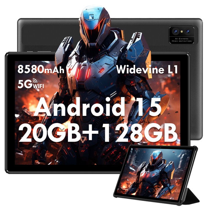Tableta Android 15 ，SIMPLORI Tableta Tactila 10", 20 (6+14) GB RAM, 128 GB ROM (Suport TF card), octa-core，8580mAH ，8+13 MP camera, Wi-Fi 6, Bluetooth 5.2, Negru