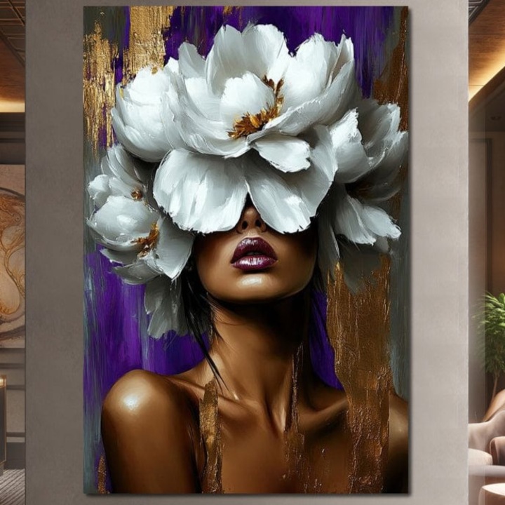 Tablou Canvas Premium, LuxCanva® G1187, Petale in Amurg Violet, 60 X 90 CM, Panza Bumbac 100% 400g/m2, Sasiu, Lemn, Aur, Alb, Mov, Petale, Corola, Regina, Imperial, Tacere, Imaculat, Luxuriant, Eteric, Frumusete, Vis, Birou, Living, Dormitor