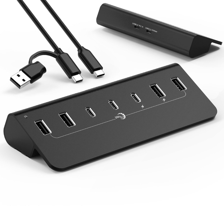 HUB USB Fast Charging ZYNERA™, 7 Porturi Cu Alimentare, USB 3.2 Gen 2, 10Gbps, 4x USB-A + 3x USB-C, Transfer Rapid De Date Si Incarcare Dispozitive, Pentru Laptop, PC si Telefon, Calitate Premium, Negru