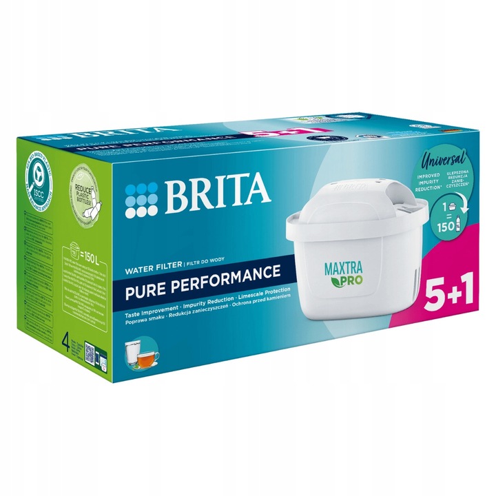 Brita MAXTRA PRO Pure Performance воден филтър, комплект от 6, 150 л, биопластмаса, за мека и средно твърда вода
