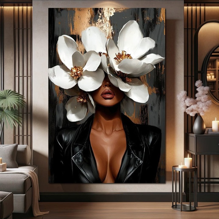 Премиум картина върху платно, LuxCanva® G1188, Магнолии и кожа, 100 X 150 CM, 100% памучно платно 400g/m2, Шаси, Дърво, Крехко, Яке, Кожа, Чувственост, Мода, Изкуство, Сила, Грация, Монохром, Мистерия, Тяло, Отношение, Офис, Хол, Спалня
