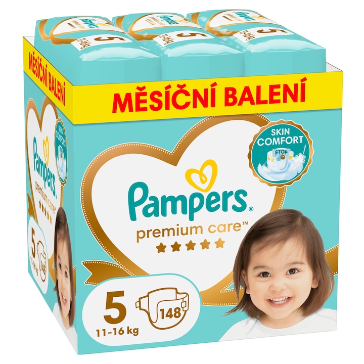 Pampers Premium Protection, 5, 11-16 кг, 148 броя, защита от протичане, комфорт за чувствителна кожа