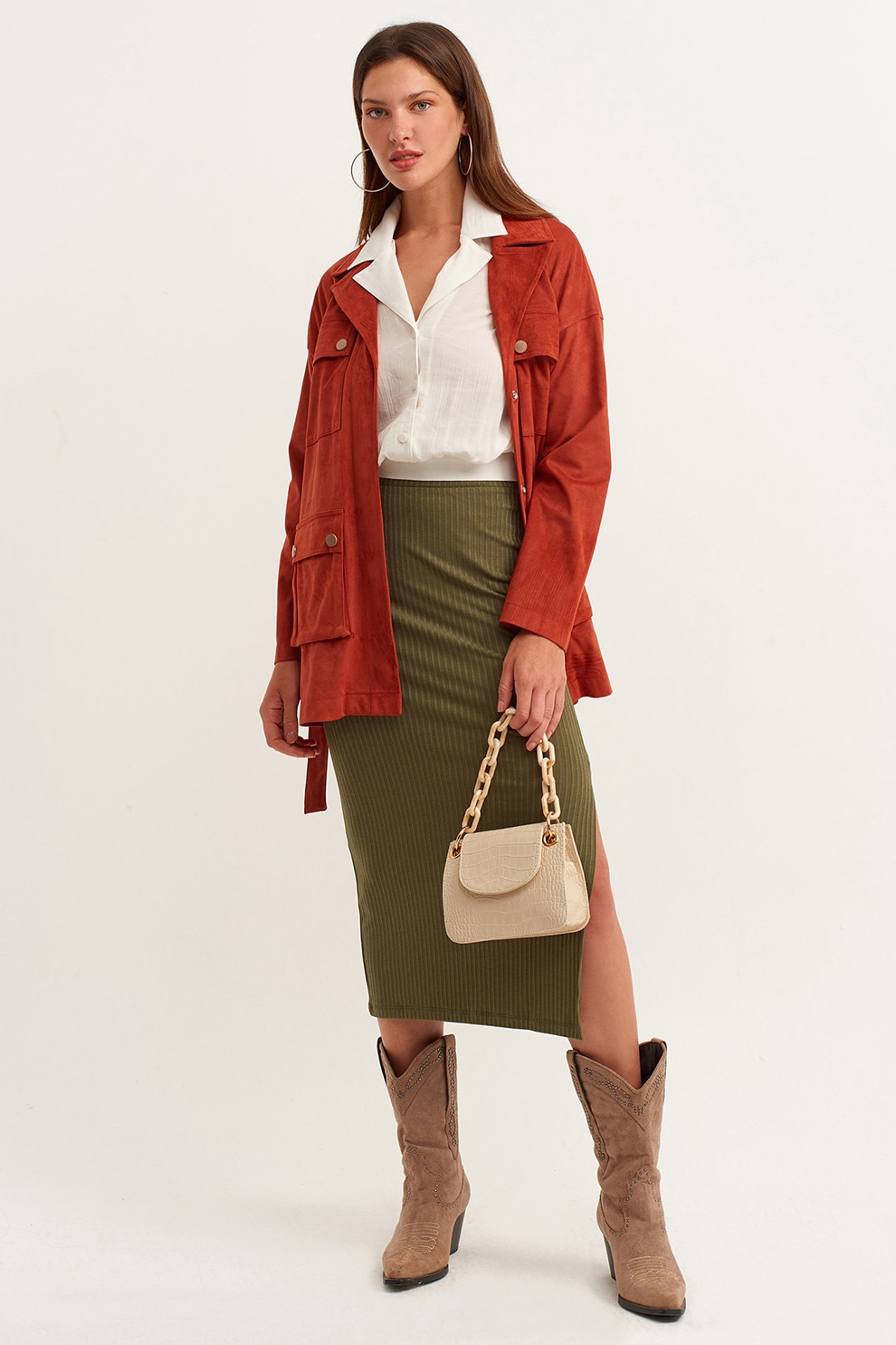 OXXO, Fusta striata cu slit lateral, verde militar prafuit, XS