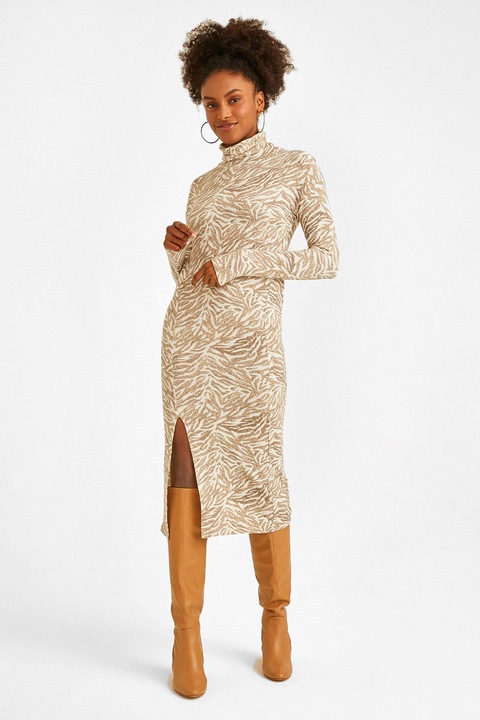 OXXO, Rochie cu croiala bodycon si imprimeu zebra, Alb/Maro nisip, S