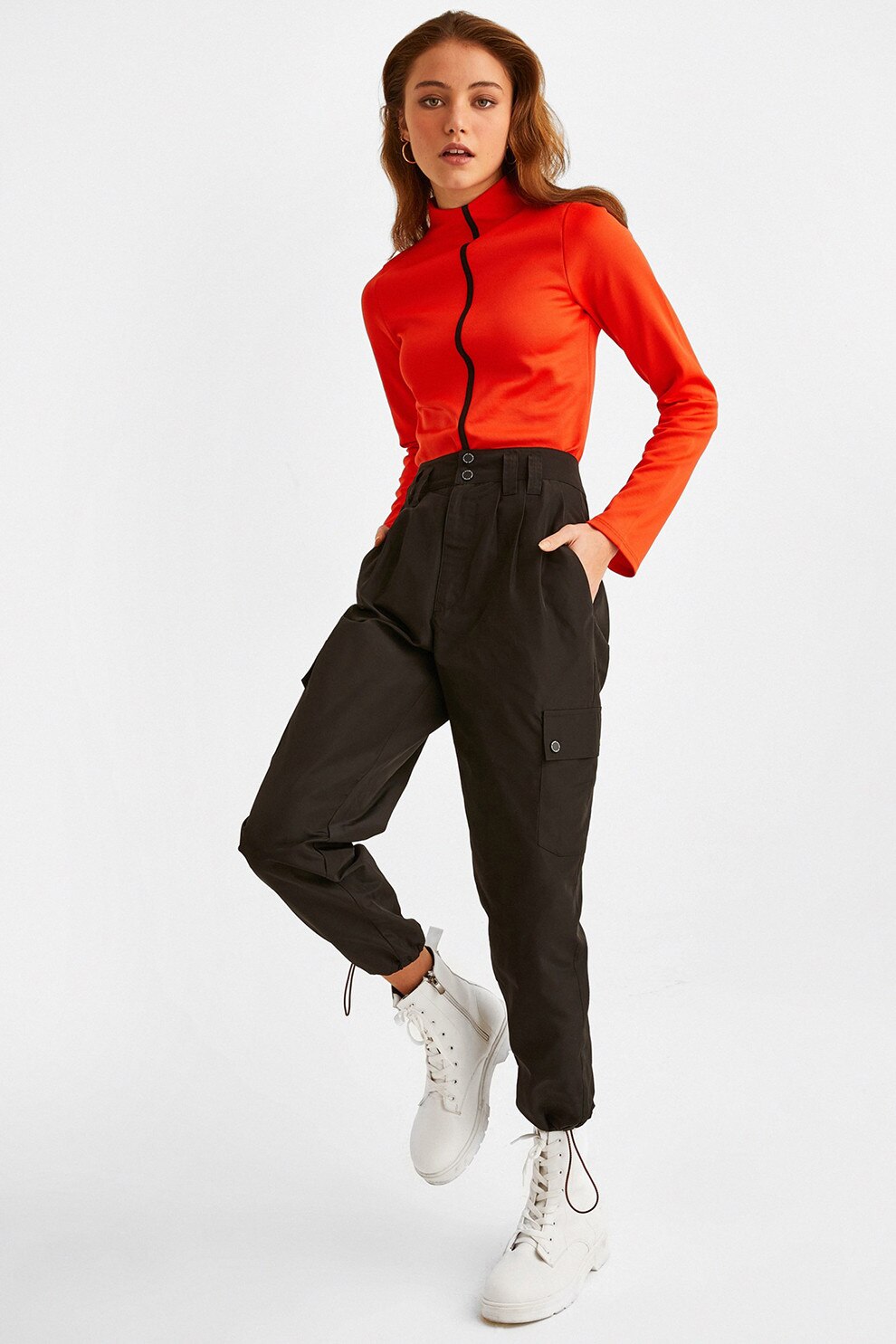 OXXO, Pantaloni crop cu talie inalta, Negru, M