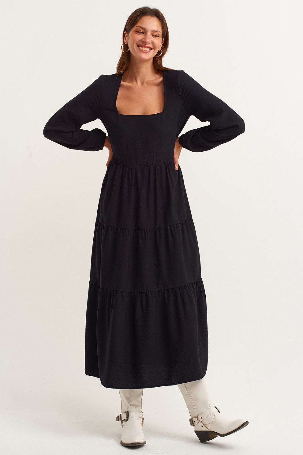 OXXO, Rochie cu volane si decolteu patrat, Negru, XS
