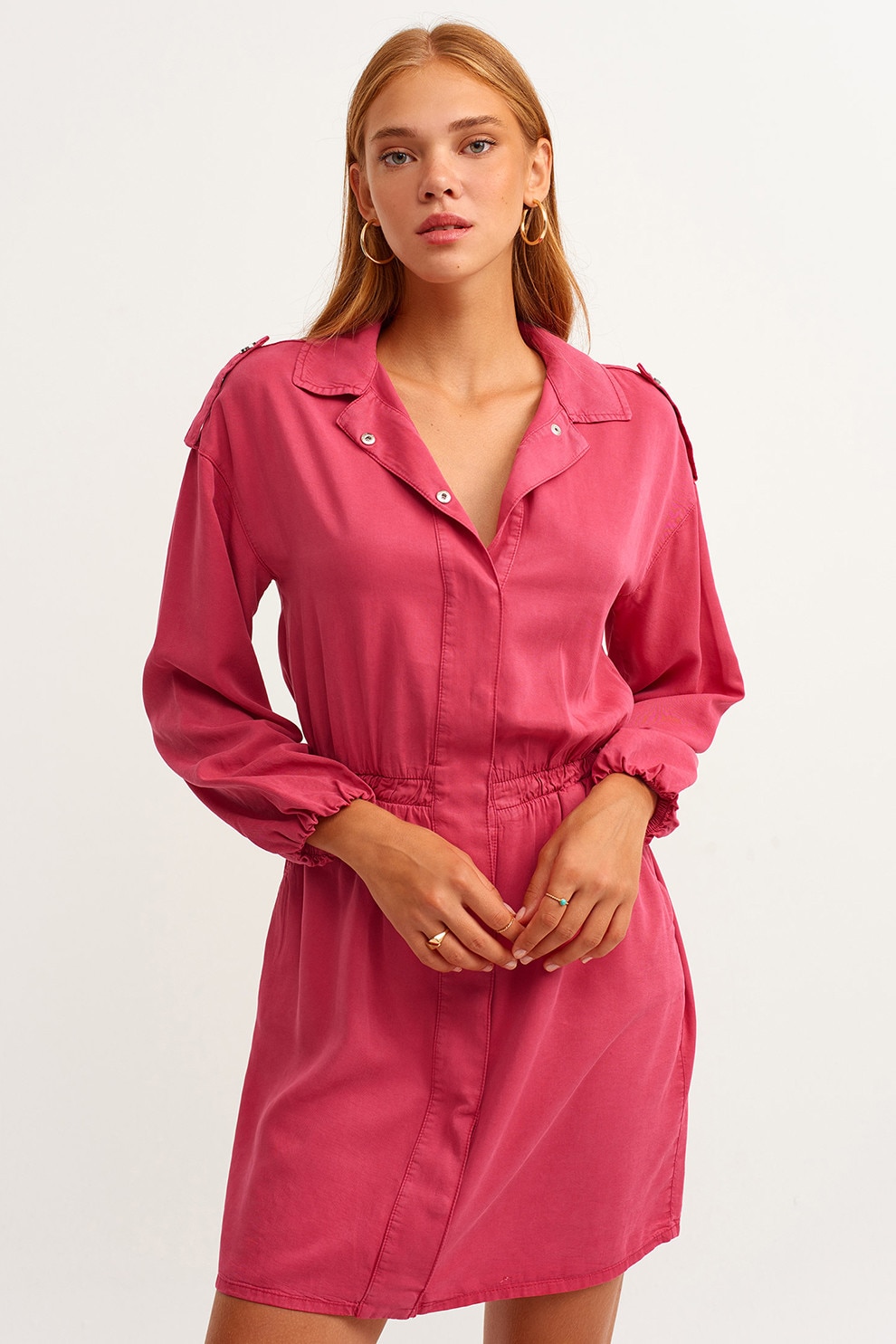 OXXO, Rochie-camasa cu maneci lungi, Fucsia, L