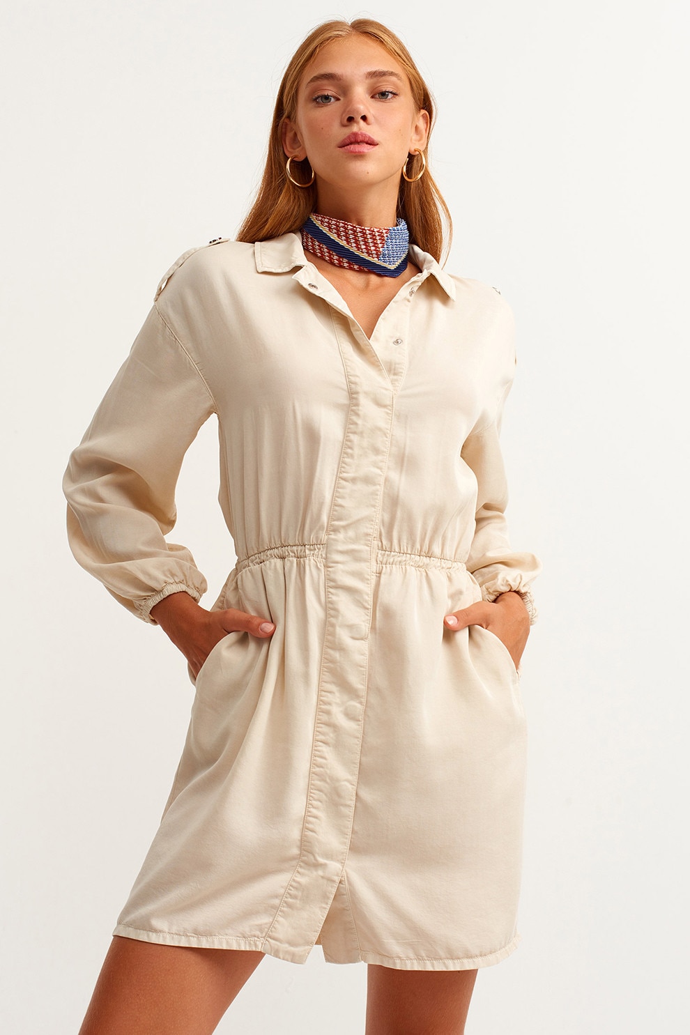 OXXO, Rochie-camasa cu maneci lungi, Alb fildes, M