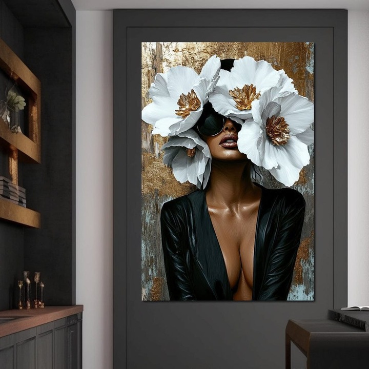 Премиум картина върху платно, LuxCanva® G1189, Тихата императрица, 70 X 100 см, 100% памучно платно 400 г/м2, рамка, дърво, венчелистчета, злато, очила, кожа, женственост, сила, лукс, силует, тишина, спокойствие, блясък, артистичен, офис, хол, спалня