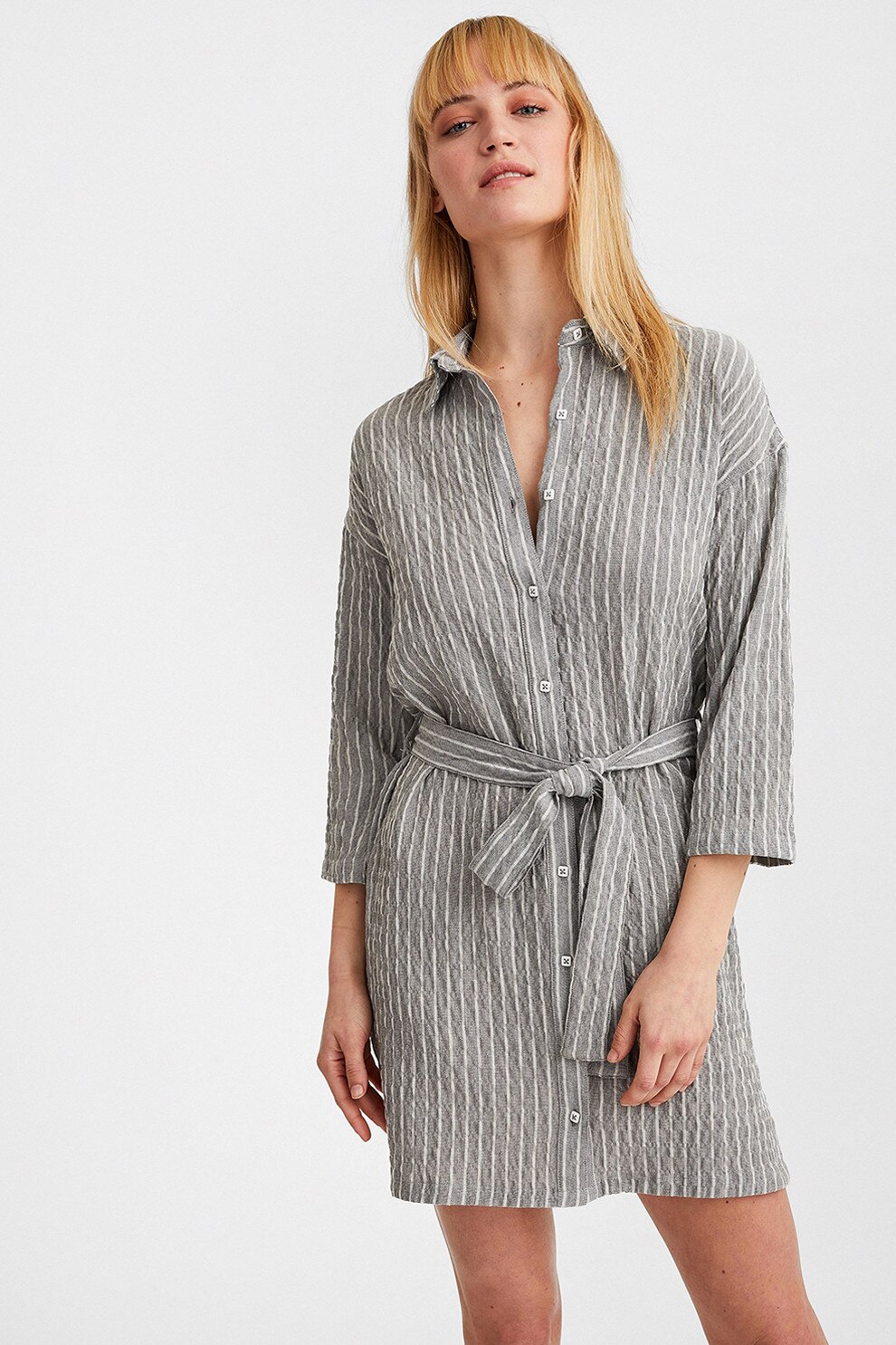 OXXO, Rochie cu model in dungi si cordon in talie, Alb, Gri deschis, S