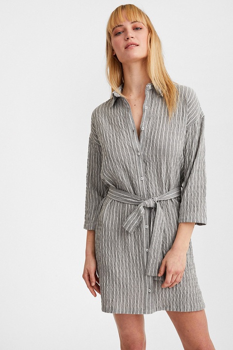 OXXO, Rochie cu model in dungi si cordon in talie, Alb/Gri deschis