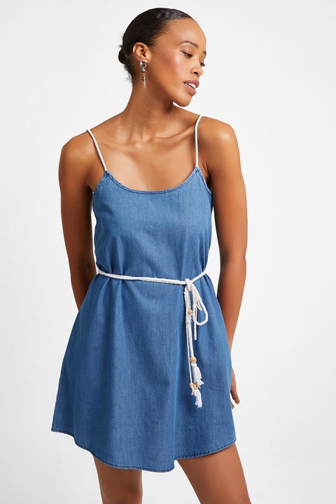 OXXO, Rochie din chambray cu cordon in talie, Albastru deschis