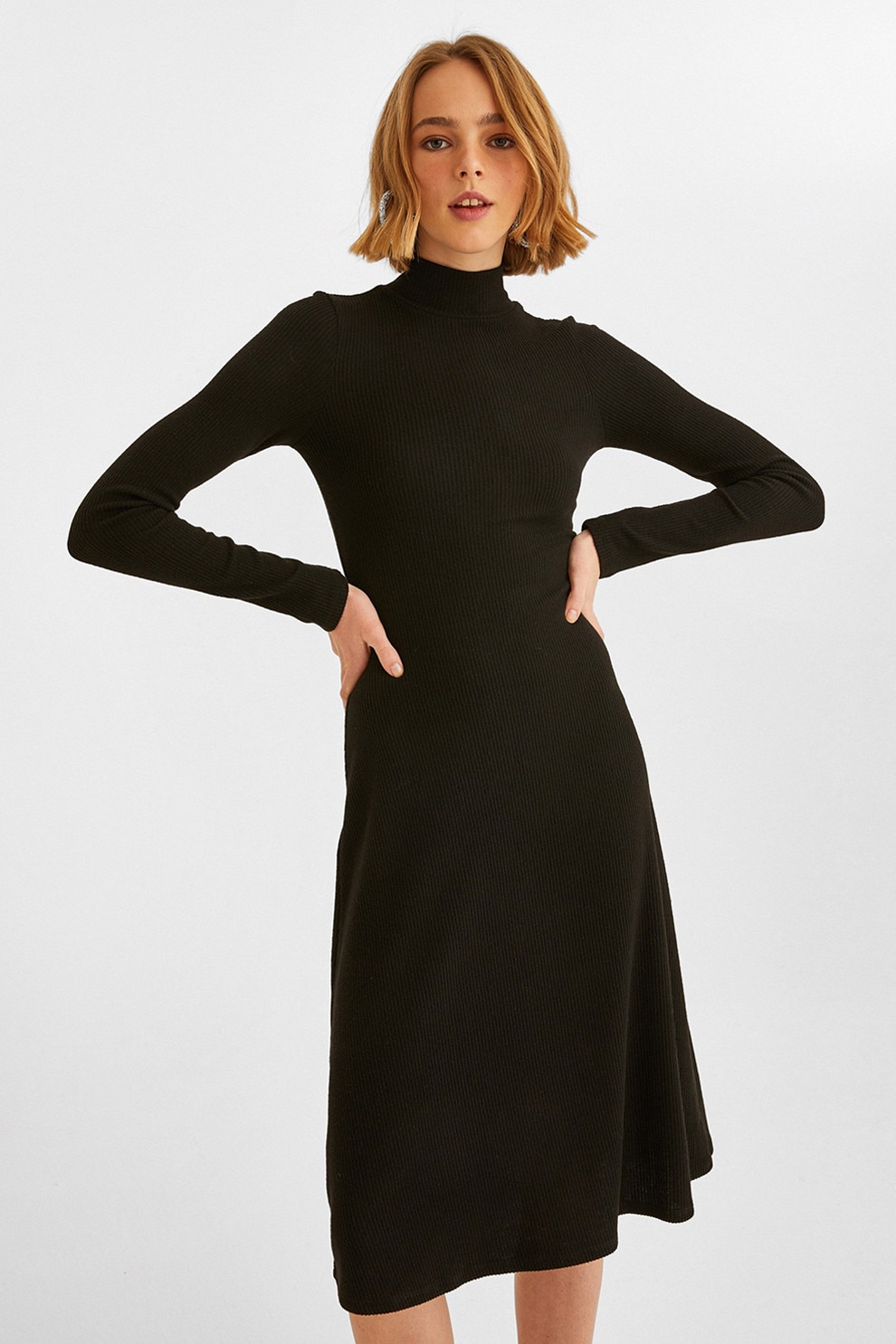 OXXO, Rochie tricotata fin cu guler mediu, Negru, XS