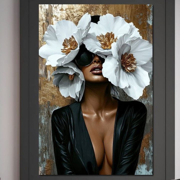 Prémium vászonkép, LuxCanva® G1189, Csendes császárné, 100 X 150 CM, 100% pamutvászon 400g/m2, Keret, Fa, Szirmok, Arany, Szemüveg, Bőr, Nőiesség, Erős, Luxus, Sziluett, Csend, Nyugalom, Glamour, Művészi, Iroda, Nappali, Hálószoba