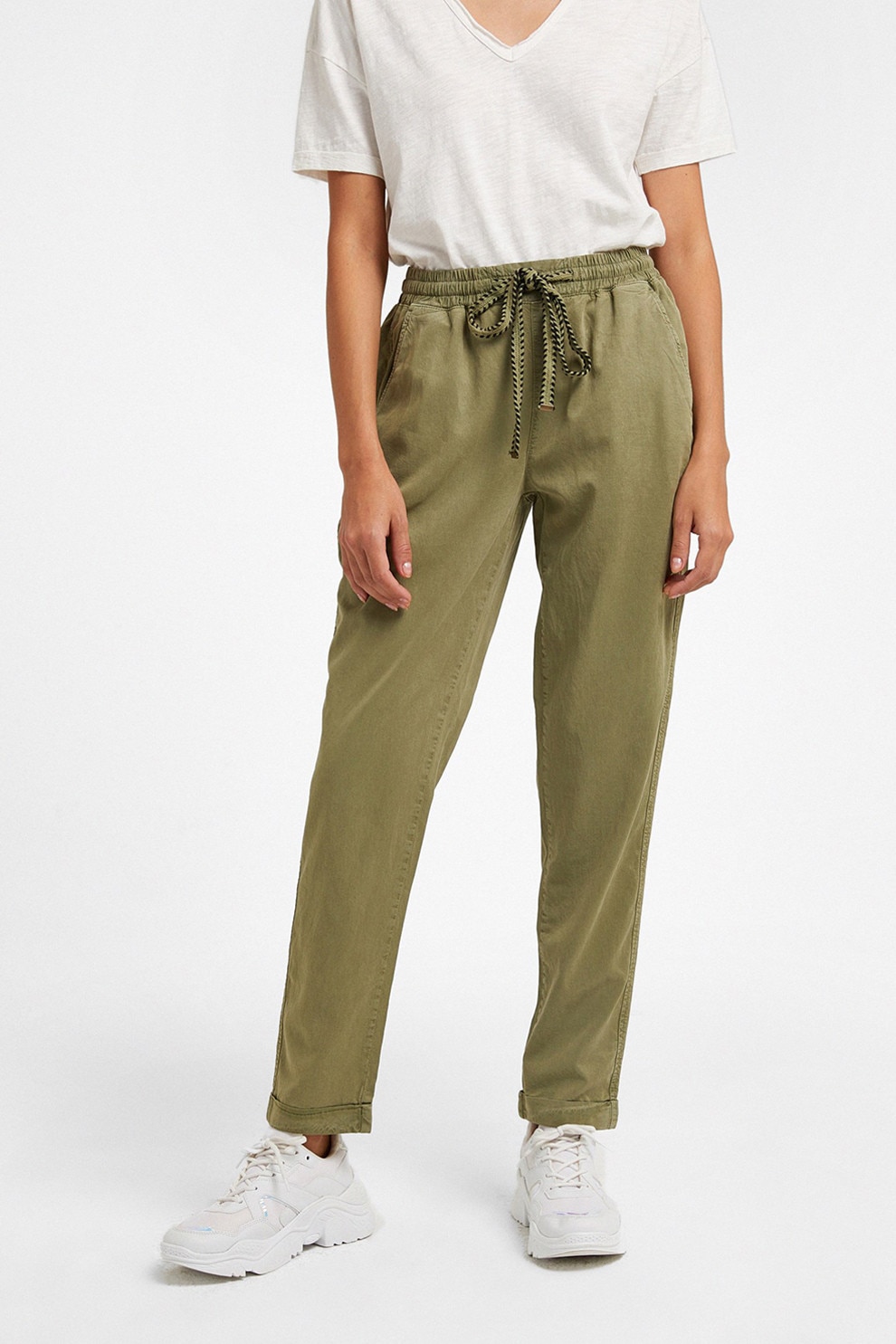 OXXO, Pantaloni jogger din bumbac si lyocell, Verde spranghel, 28
