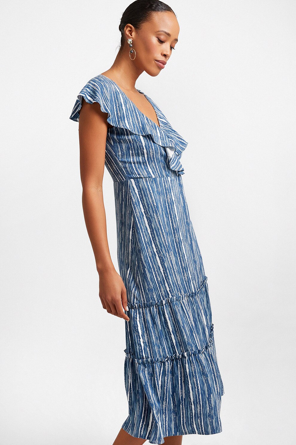 OXXO, Rochie cu decolteu in V si model in dungi, Alb, Albastru pastel, S