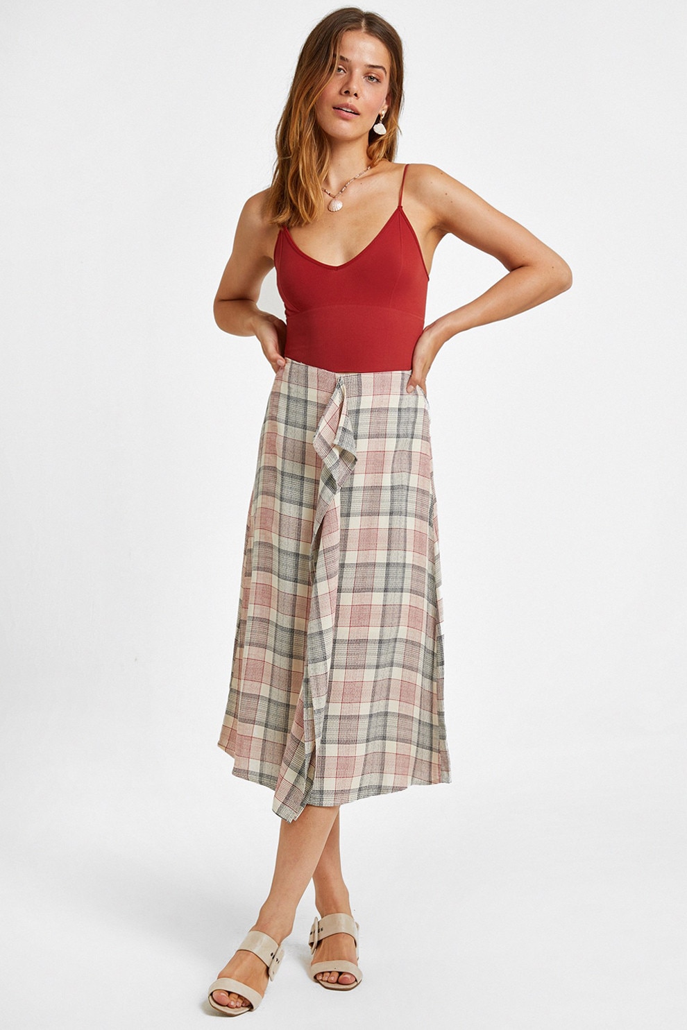 OXXO, Fusta midi cu model in carouri, Rosu, Alb fildes, Negru, XS