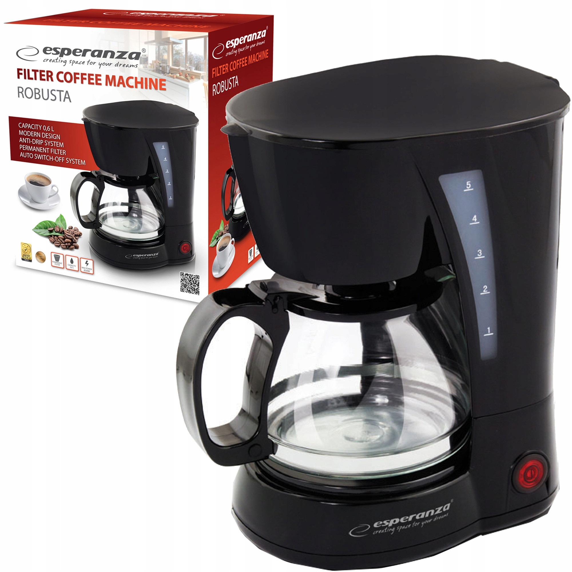 Espressor cafea filtru Esperanza Robusta automat negru 0.6l