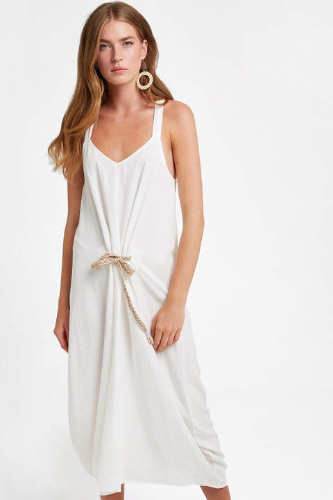OXXO, Rochie midi din amestec de in cu decolteu in V, Alb
