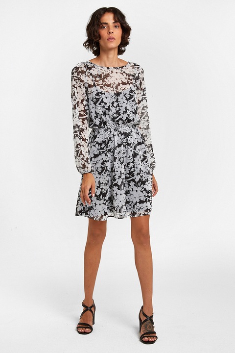 OXXO, Rochie mini cu model floral si maneci semitransparente, Alb/Negru/Transparent