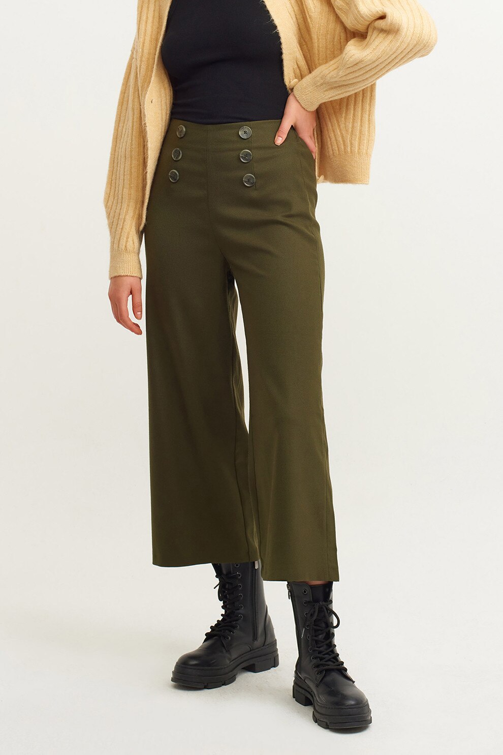 OXXO, Pantaloni crop cu croiala ampla, Verde inchis, 29