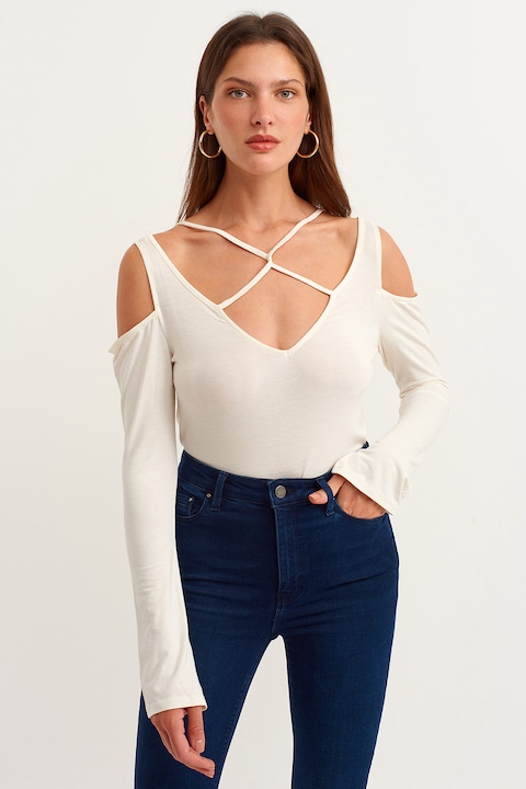 OXXO, Bluza cu decupaje pe umeri si barete frontale incrucisate, Alb murdar