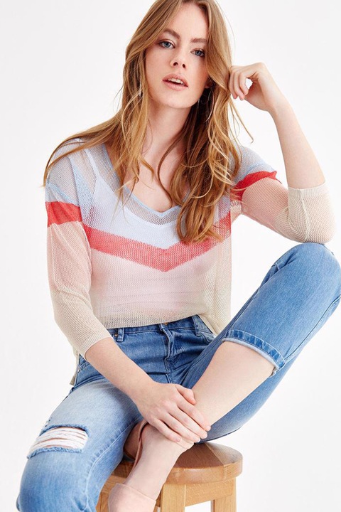 OXXO, Pulover semitransparent cu decolteu in V si maneci 3/4, Rosu/Roz pal/Albastru, M