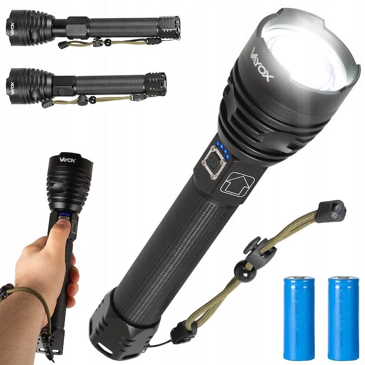 Vayox VA0075 LED тактически фенер 15W, 2500 лумена, водоустойчив IPX4, 2x 26650 батерии, 25.7x6cm