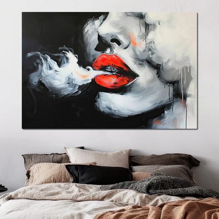 Премиум картина върху платно, LuxCanva® G1190, Забранени аромати, 100 X 150 CM, 100% памучно платно 400g/m2, Шаси, Дърво, Устни, Червено, Дим, Тютюн, Цигара, Пара, Страст, Бар, Нощ, Кадифе, Огън, Съблазняване, Мъгла, Град, Клуб, Офис, Хол, Спалня