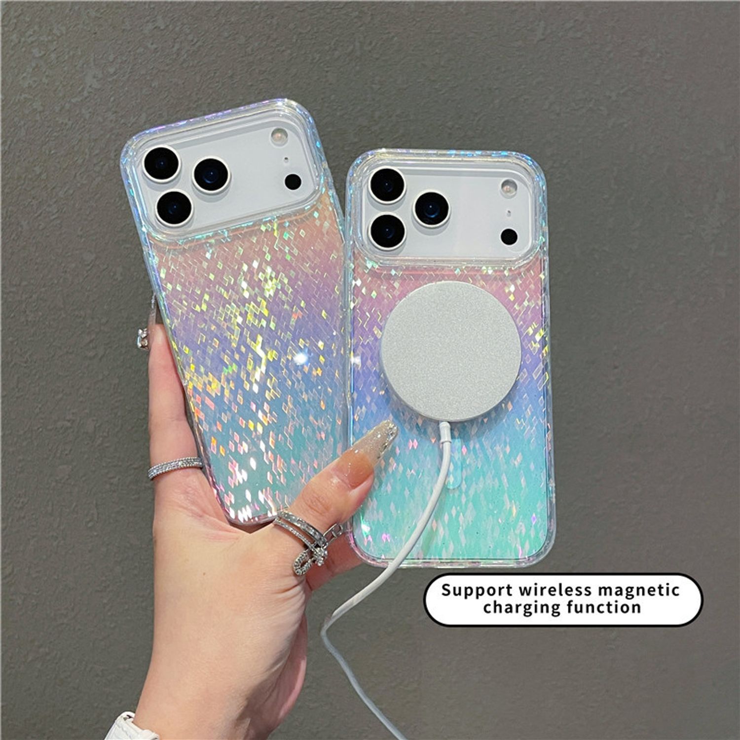 Husa Compatibila Apple iPhone 17 Pro, Suporta Incarcare Wireless, Magsafe, Rezistenta la Zgarieturi, Insertii Din Sclipici in Forma de Rombe, Multicolor