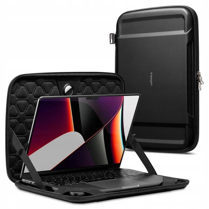 Spigen Rugged Armor Pro Pouch laptoptáska, 13-14", fekete, 35x25x2,5cm, Apple AirTag nyílással