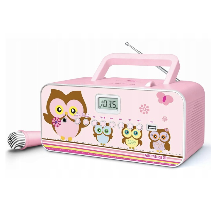 Преносимо радио Muse M-29KP, 30W, CD/MP3/USB, розово, 12x22x24см, с микрофон