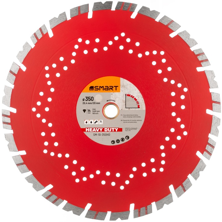 Disc diamantat, Smart365, 350x25,4mm, 14mm segment, pentru taiere beton, granit, set cu inel de reductie 20mm