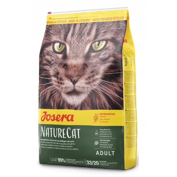 Храна за котки Josera NatureCat 10 кг, с пилешко месо и сьомга, без зърнени култури, комплект от 4 консерви Rafi 415 г