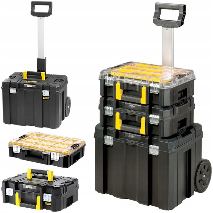 Set cutii unelte Stanley PRO-STACK FMST1-80101, mobila, capacitate 30kg, dimensiuni 51x63x44cm, 44x33x18cm, 44x34x12cm