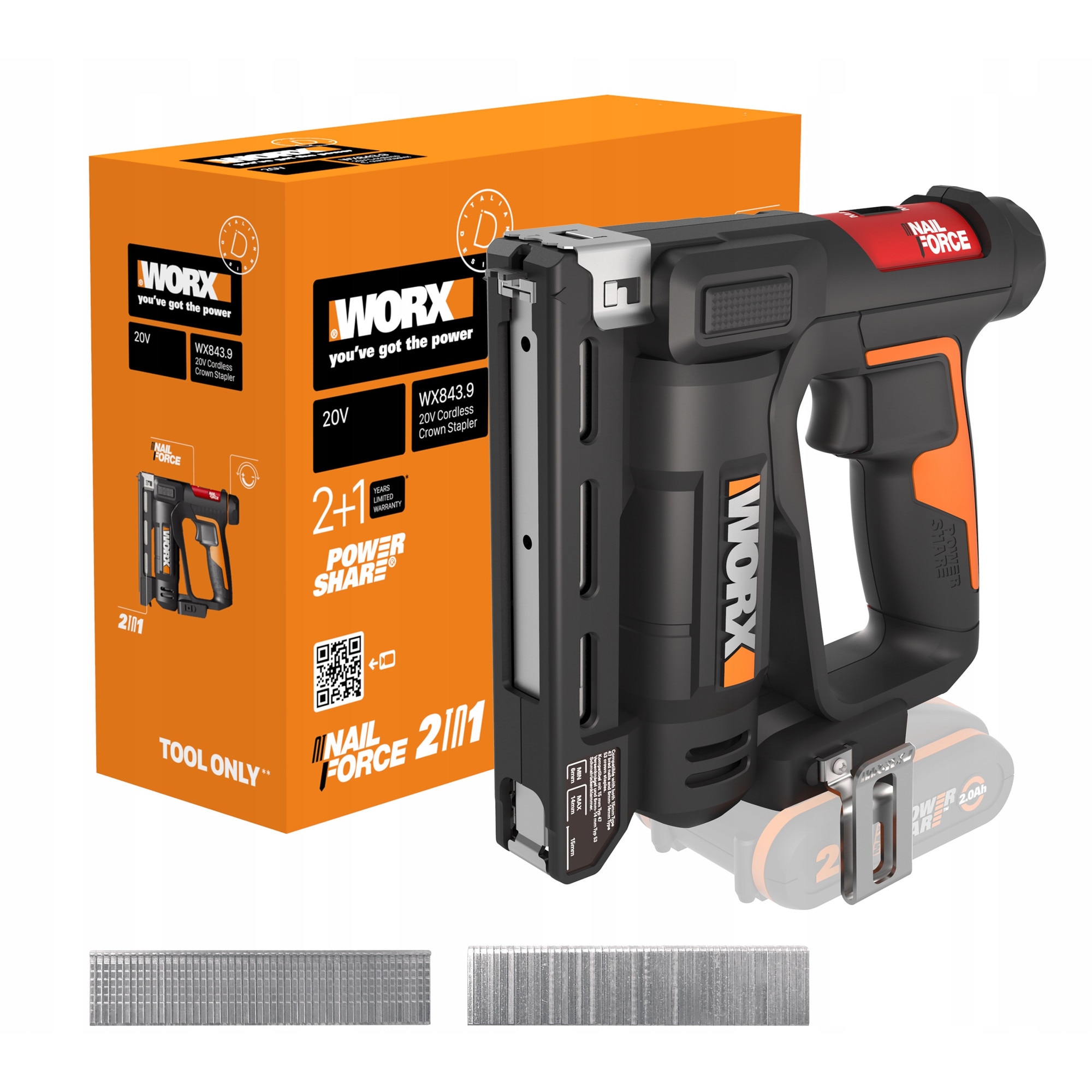 Capsator fara fir, Worx WX843.9, 20V, 60 batai/min, 15mm, 1.4kg