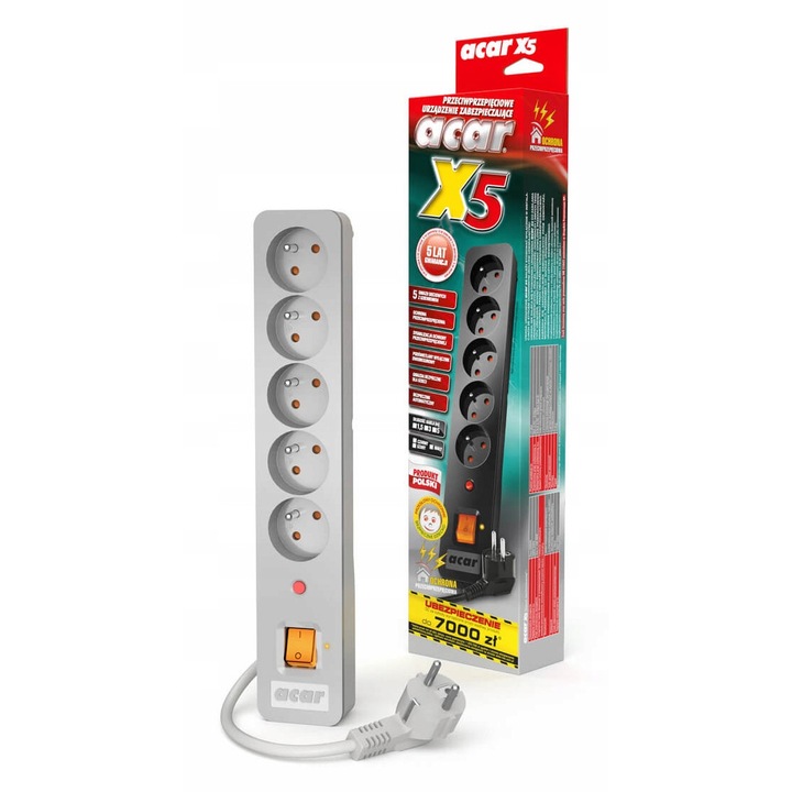 Prelungitor Acar X5, 5 gniazd, 5m, alb, dimensiuni 315x56x44mm